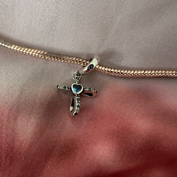 Silver & Blue Sparkle Dangle Cross Charm For Pandora Braclets - Picture 3 of 5